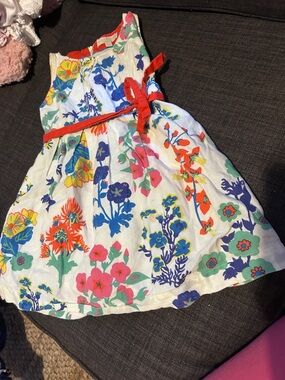 Mini Boden White Floral Linen Dress with Bright Red Belt